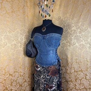 ✨NWT Vintage Y2K Boho Lace Up Feather Studded Denim Corset Top✨